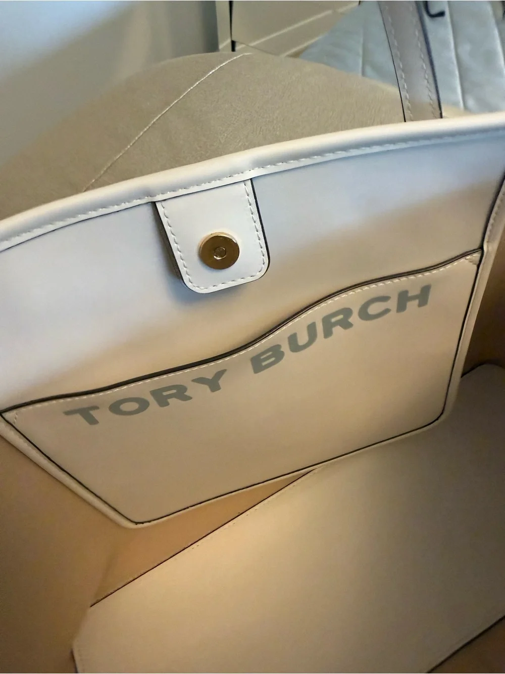 Tory Burch Cream Tote with Light Blue Center Stripe and Logo Print